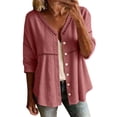 thumbnail image 3 of Craaazy Women's Plus Size Casual Linen Blend Top, V Neck 3/4 Sleeve Solid Color Button Up Blouse, Comfortable Shirt for Everyday Outfits, 3 of 7
