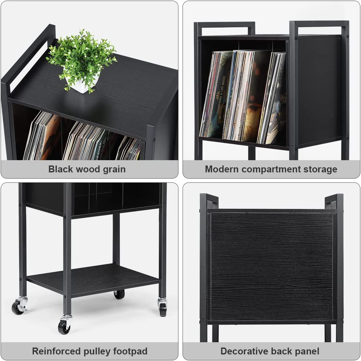 Record Player Stand End Table with Vinyl Record Storage Holder, Black