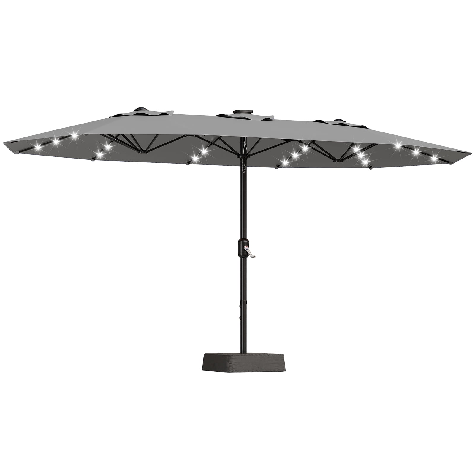 Kicctian 15FT Double-Sided Patio Umbrella with Solar LED Lights & Base, Extra Large Rectangle Market Umbrella Outdoor,  UV & Fade-Resistant, Ideal for Deck, Pool, Backyard, Garden, Grey