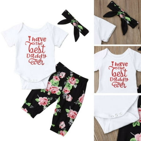 Newborn Baby Girl Best Dad Romper Top +Floral Pants Headband Outfits Clothes (Best Affordable Baby Clothes)