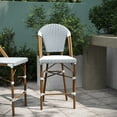 thumbnail image 6 of Emma + Oliver Set of Two Indoor/Outdoor 26" High Stacking Bistro Counter Stool with White and Navy Patterned Seat and Back and Bamboo Metal Frame, 6 of 12