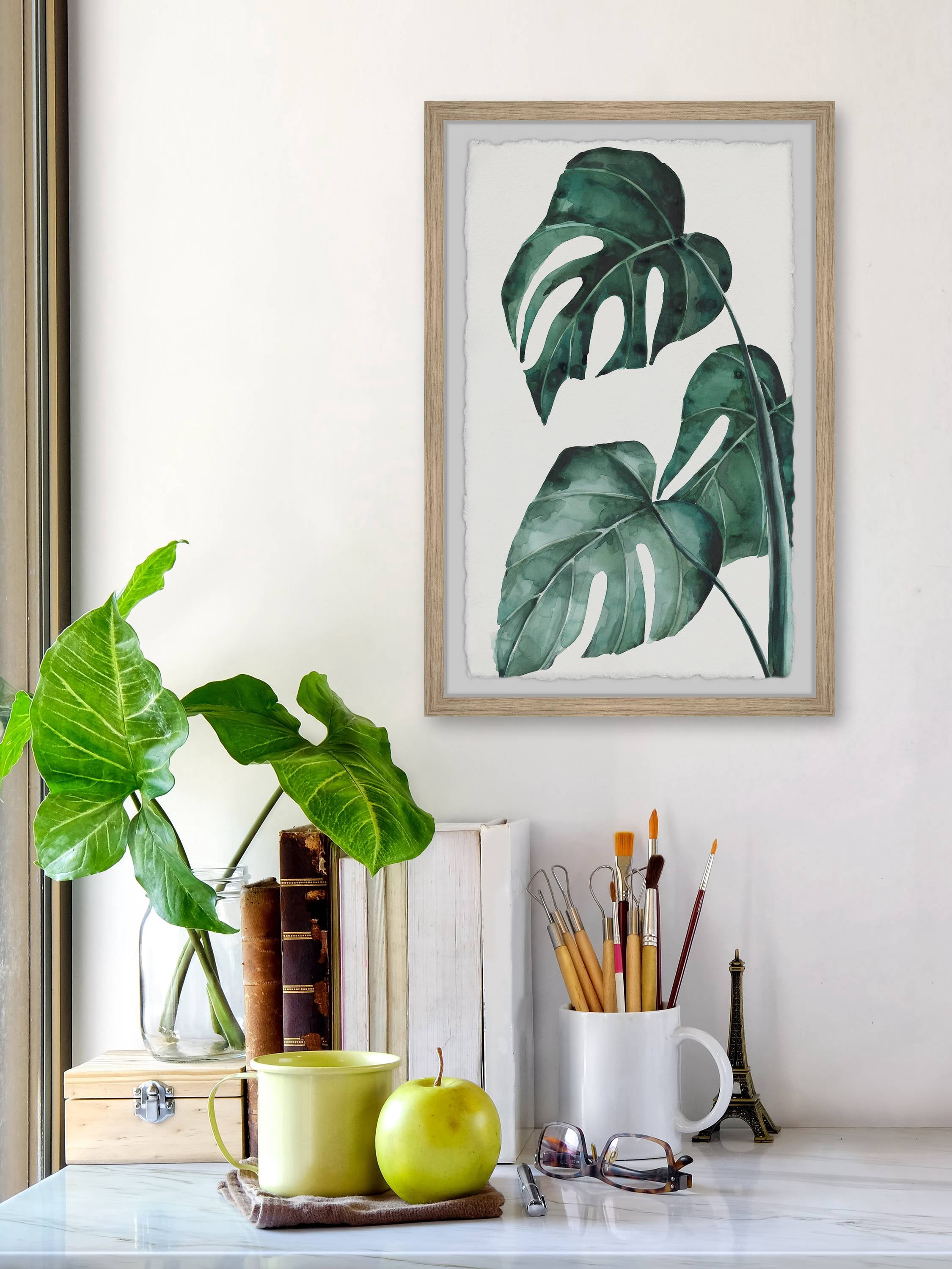 Marmont Hill Split Leaves in White Framed Wall Art