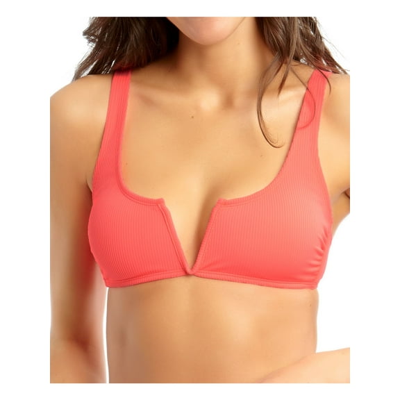 CALIFORNIA WAVES Women's Coral Stretch Ribbed Lined Tie Bikini V-Wire Adjustable Bralette Swimsuit Top M