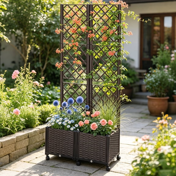 ROMUCHE Planter with Trellis, Raised Garden Bed with Trellis on Wheels, Self Watering Garden Planter Box with Drainage Hole for Climbing Plant Vegetable Flower