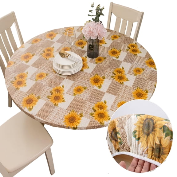 Round Fitted Tablecloth with Elastic, Sunflowers Pattern PVC Plastic Table Cover with Flannel Backing, Waterproof Oil-Proof Plastic Cover for 6-Seat Table of 45"-55"
