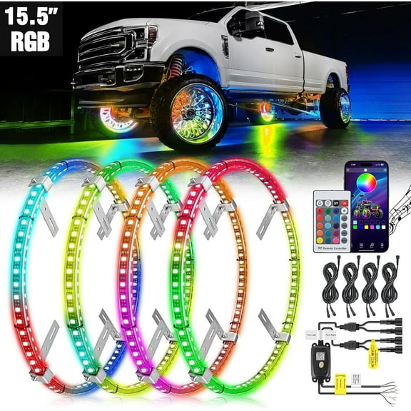 Nilight 4Pcs 15.5inch Double Row LedED Wheel Ring Lights RGB with APP and Remote Control Neon Wheel Rim Lights w/Turn Signal and Braking Function Dual Row for Car Van SUV Truck