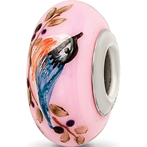 Sterling Silver Ster.Silver Reflections Pink Hand Painted Nuthatch Fenton Glass Bead Made In United States qrs3586