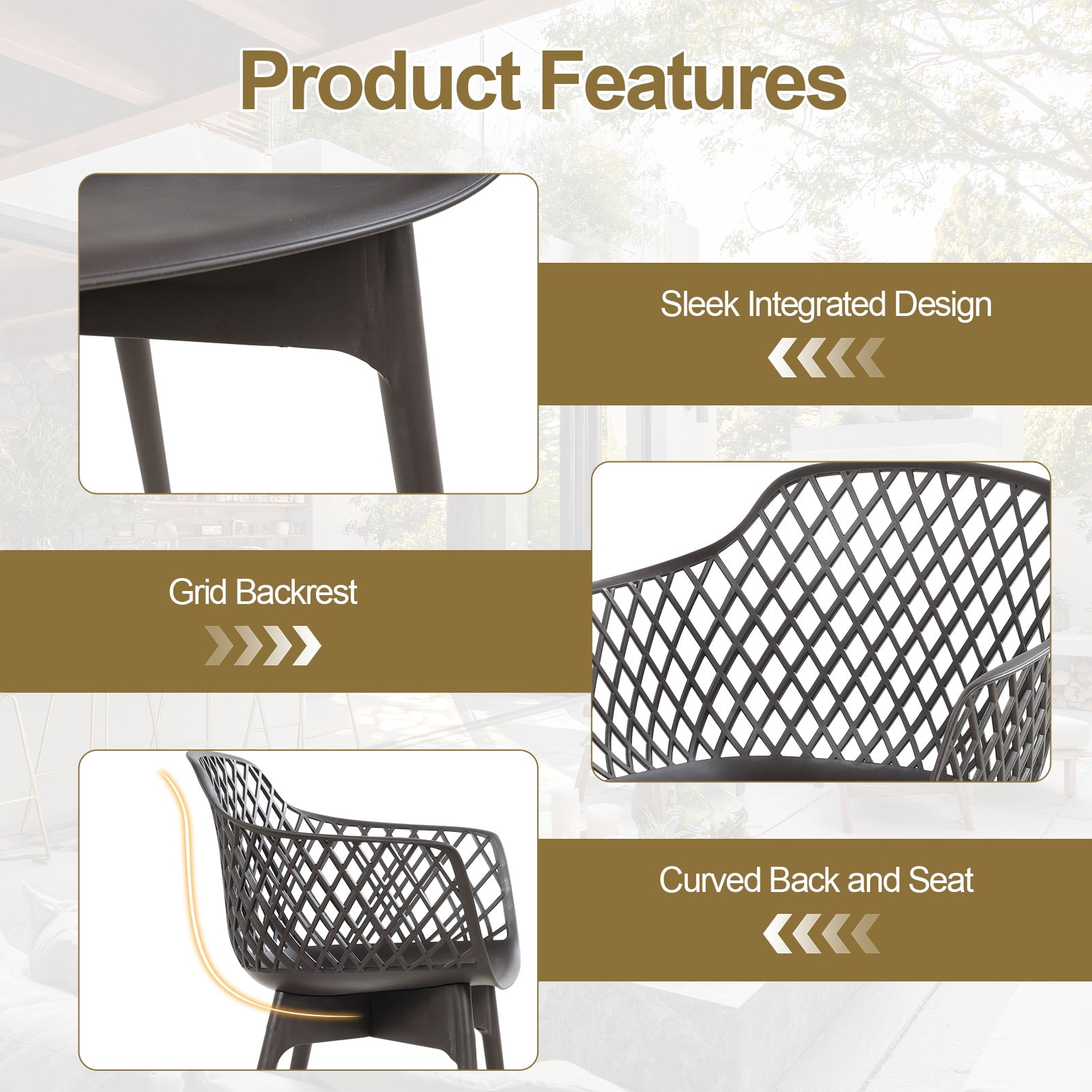 Aoodor Modern Dining Chairs Set of 2, Weather-Resistant Plastic Cafe Chairs with Ergonomic Back and Non-Slip Pad, Suitable for Patio, Restaurant, Yard, Porch, Balcony, Brown