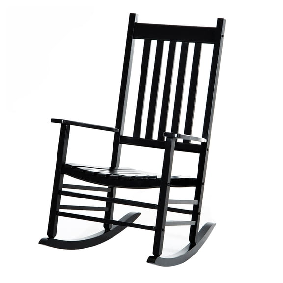 Wooden Rocking Chair Outdoor, Acacia Wood Porch Rocker with Armrests, Black Patio Chair for Garden, Balcony, High Back Comfort
