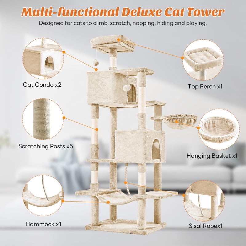Kelno 66" Cat Tree Tower Durable Cat Climbing Tower with Sisal Scratching Posts Cozy Condo Hammock and Platforms, Beige