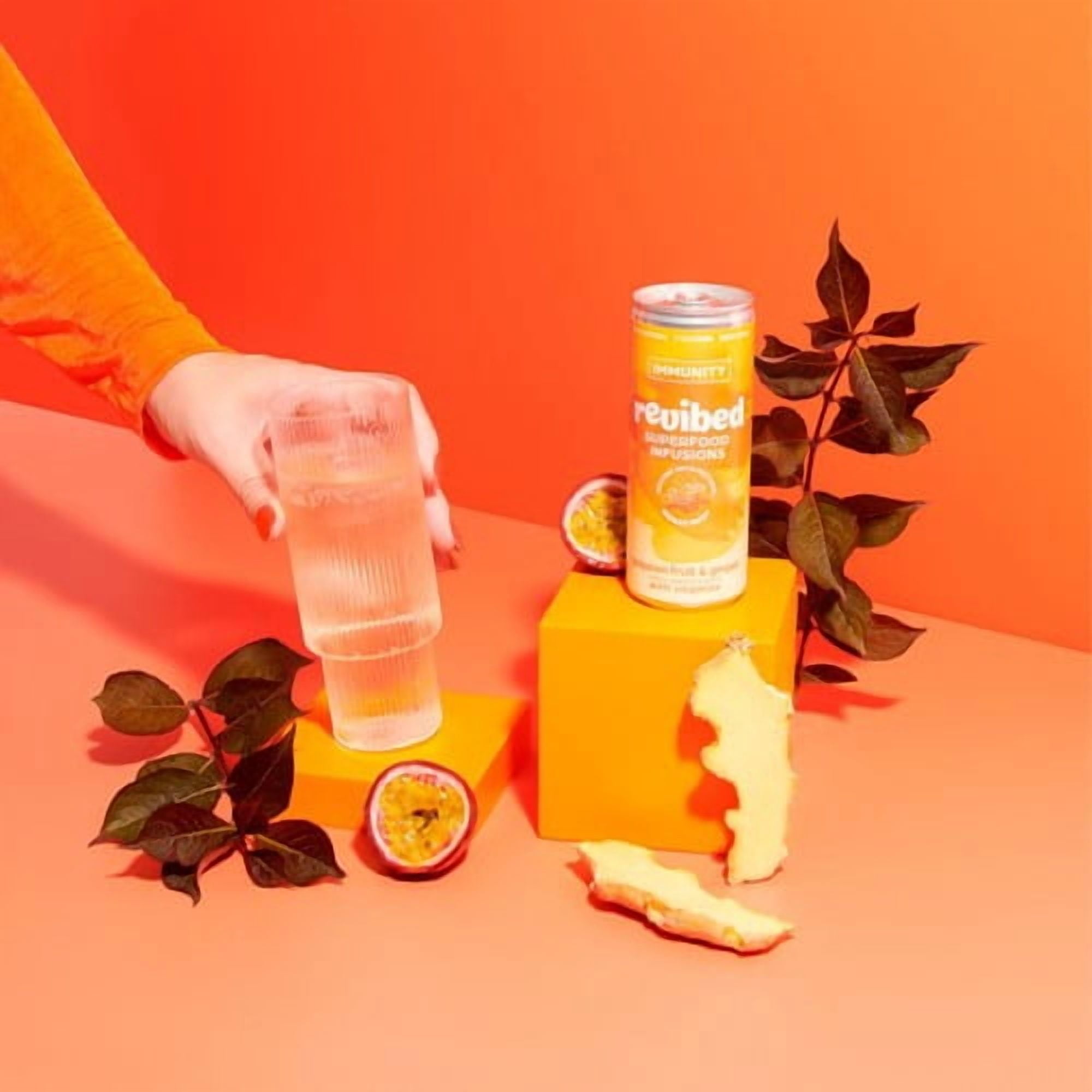 Revibed Immunity Passionfruit and Ginger Infused Lightly Sparkling Water 250ml, British Import (Pack of 6)