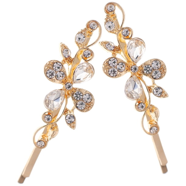 Greenadscape 2Ud Fashionable Golden Crystal Hair Clips Floral Design for Thick Hair and Special Occasions