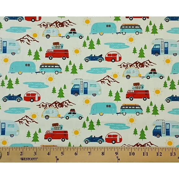 Cotton Campers Trailer RVs Camping Vacation Travel Vehicles Cotton Fabric Print by the Yard (1633-3171)