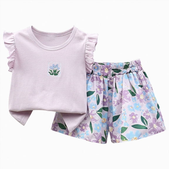 felwors Toddler Baby Girl Summer Clothes Ruffled Sleeve Ribbed Knit T-Shirt Tops Cute Floral Shorts Set 2Pcs Outfits,Light Purple,5-6 Years