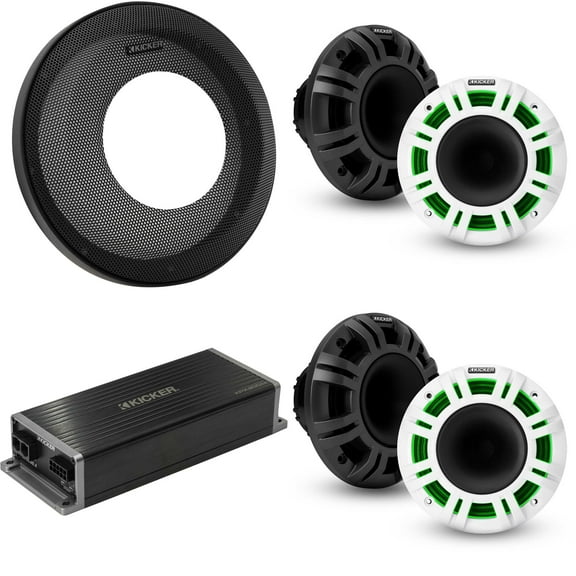 Kicker Marine KPX300.4 Amp & 6.5" HLCD Marine LED Powersports Grill Speakers