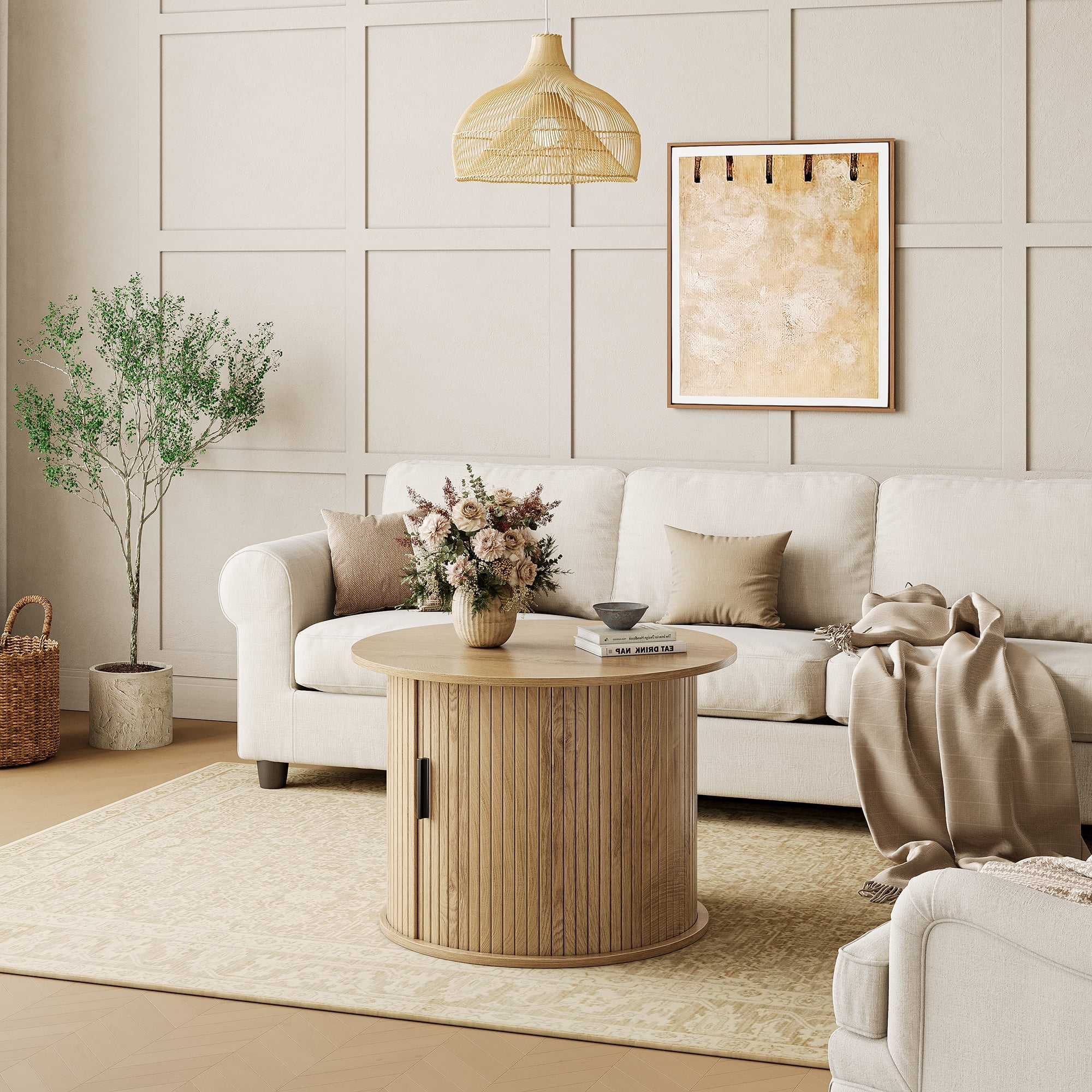 GUNAITO Round Small Coffee Table with Storage, Modern Farmhouse Center Table with Shelf Wood Table for Living Room, Natural wood