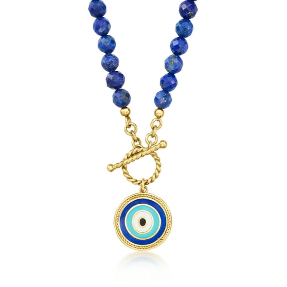 Ross-Simons 6mm Lapis Bead and Multicolored Enamel Evil Eye Toggle Necklace in 18kt Gold Over Sterling, Women's, Adult