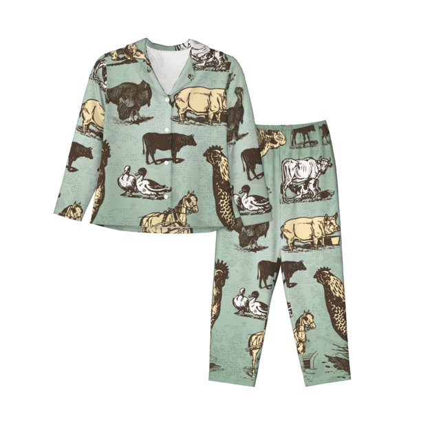 Balery Vintage Farm Animals Conjunto de Pijama con Estampado para Mujer, Conjunto de Dos Piezas con Manga Larga, Ropa de Dormir Suave con Bolsillos, Pijamas Cómodos-Small