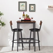 3 Pieces Bar Table Set, Counter High Pub Table Set with 2 Chairs, Wood Top Dining Table with 2 Backrest Stools, Saving Space Kitchen Table & Chair Set for Bistro Apartment, Brown