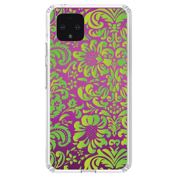 DistinctInk Clear Shockproof Hybrid Case for Google Pixel 4 (5.7" Screen) - TPU Bumper, Acrylic Back, Tempered Glass Screen Protector - Purple Green Floral Pattern