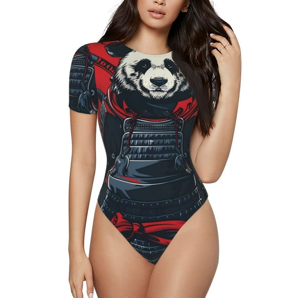 Balery Red Black Eastern Panda Warrior Body de cuello redondo de manga corta para mujer Tops de manga corta Tops básicos-Large