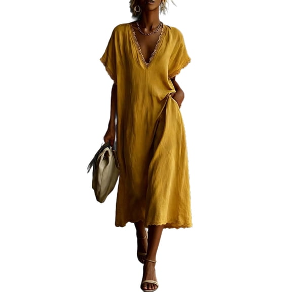 LNWUY Women's V Neck Linen Maxi Dress with Lace Trim Short Sleeve Solid Color Loose Pocket Long Dress Summer Casual Beach Dress Yellow XXL