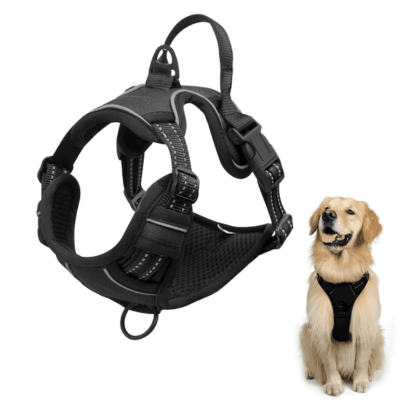 SDFTDG No-Pull Dog Harness with Handle Reflective Breathable Adjustable S-XL(L,Black)