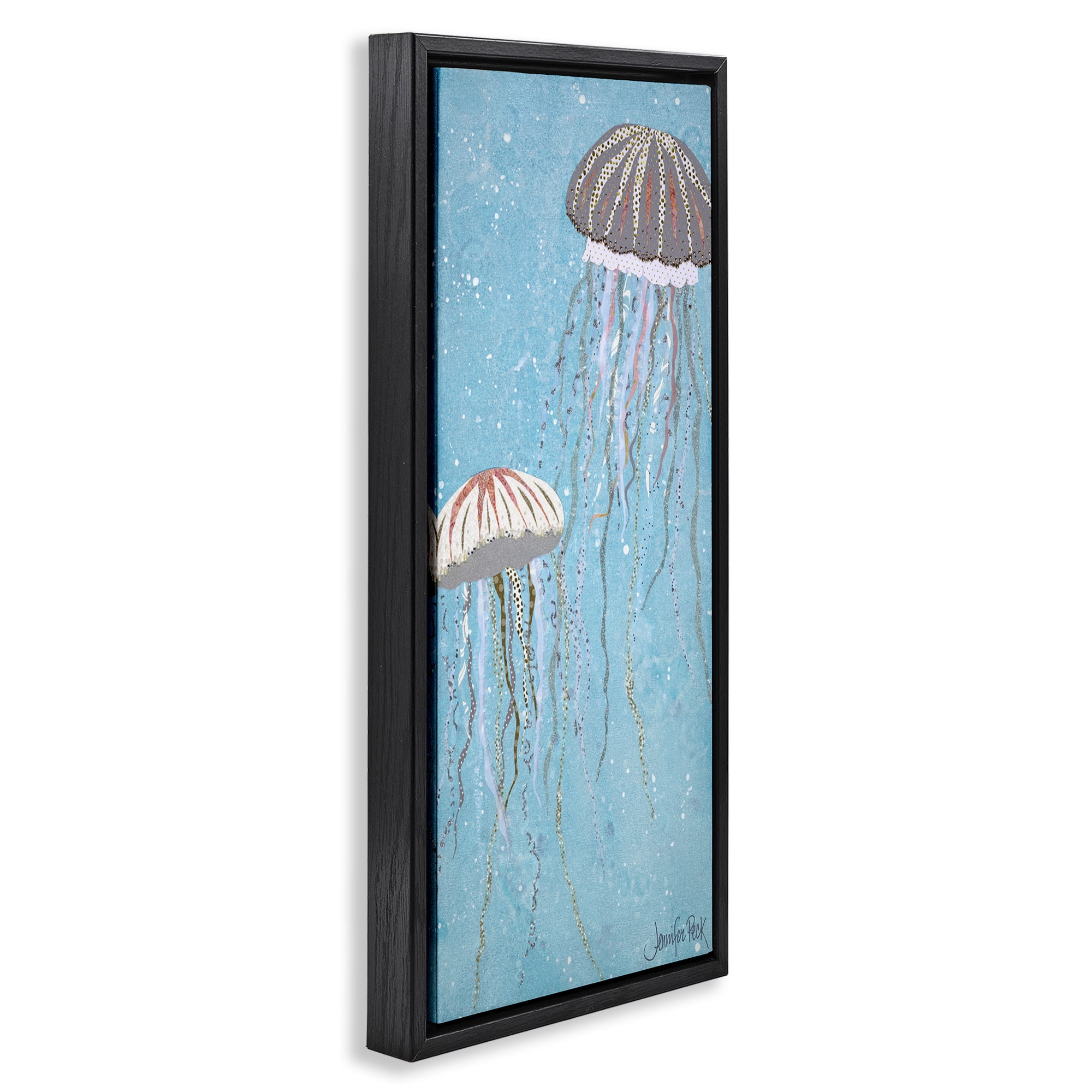 Stupell Industries Crystal Jellyfish Motif Animals & Insects Painting Black Floater Framed Canvas Art Print Wall Art, 11 x 25