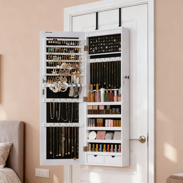 LEDREM Wall-Mounted Jewellery Cabinet with LED Lights and Full-Length Mirror, 42.5 Inch Jewellery Armoire Organizer with Multiple Storage, White