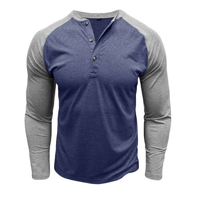 Lovzfmll Chandail Vintage à Boutons Raglan pour Hommes, Col Rond, Manches Longues, Contraste pour Style Bleu Foncé, m