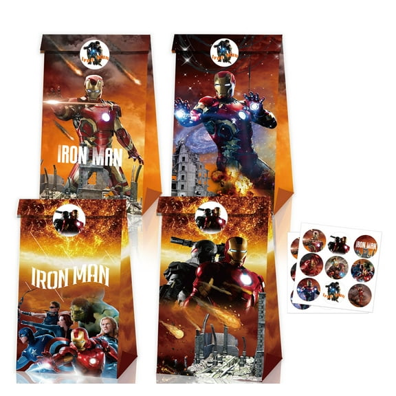 12 PCS Party Favor Candy Bags for Iron Man Themed Birthday Supplies Decor Kraft Paper Gift Bag.