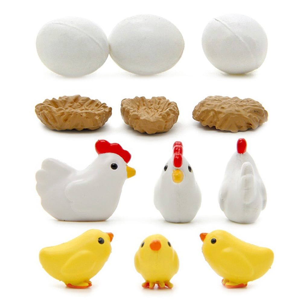 Washranp 12Pcs Miniature Hen Chicken Family Egg Statue Figurine Doll House Garden Decor Kitchen Game Party Toys for Ages 3 and up Pretend Play