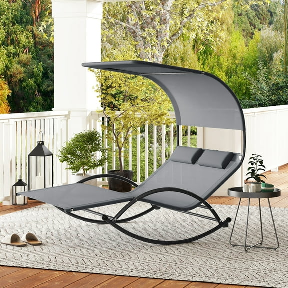 Gymax Outdoor Double Chaise Rocker Rocking Daybed Sun Lounger w/ Sun Shade Canopy