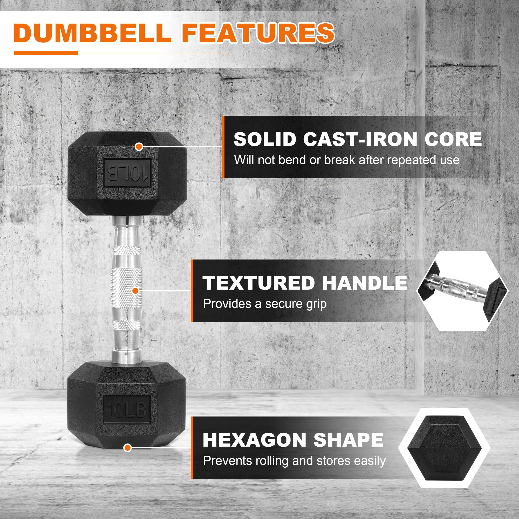 Sprint Demon 60 LB Rubber Hex Dumbbell Set with Ergonomic Handles, Pair of 5LB, 10LB & 15LB Free Weights for Home Gym Strength Training