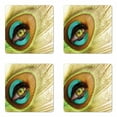 thumbnail image 1 of Peacock Coaster Set of 4, Woman Looking Through Peacock Feather Eye Creative Abstract Illustration, Square Hardboard Gloss Coasters, Standard Size, Green Brown Turquoise, by Ambesonne, 1 of 2