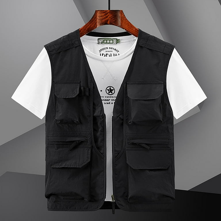 JNGSA Men's Outdoor Cargo Vest with Multi-Pocket Quick-drying Sleeveless  Vest Jacket Utility Vest for Fishing Hiking Fintness Black XXXXXL