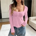 thumbnail image 4 of Pink T Shirts for Women Daily Solid Shirt Sexy Top Long Sleeve U Neck Blouse, 4 of 6