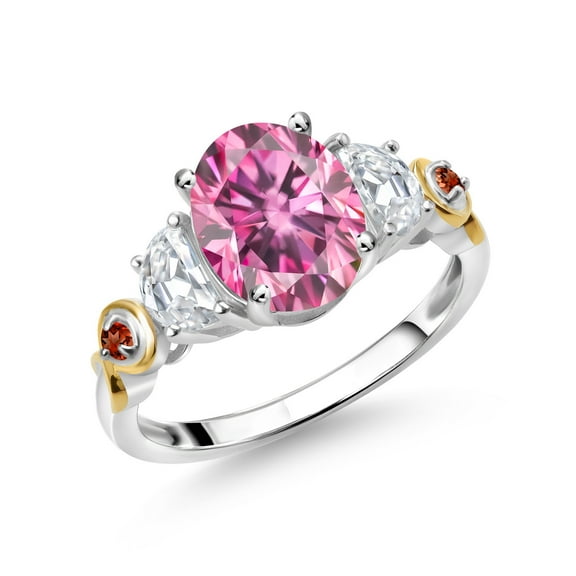 Gem Stone King 925 Silver and 10K Yellow Gold 3-Stone Ring Oval Pink and White Moissanite (2.53 Cttw, Size 8)