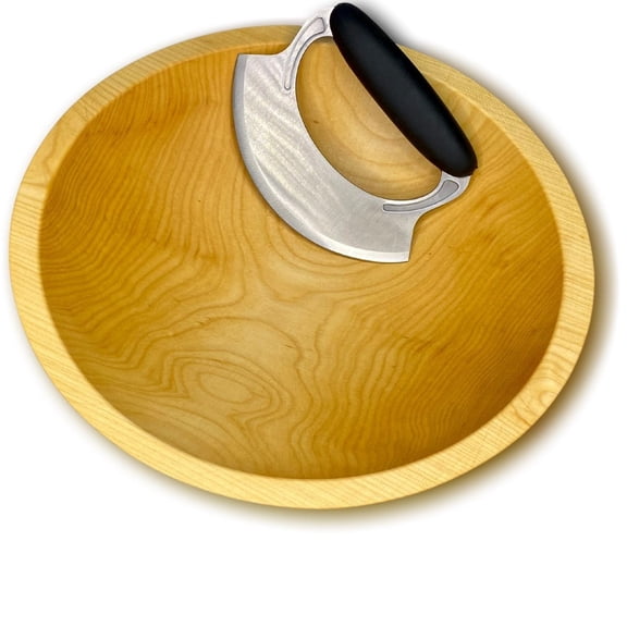 Wooden Salad Chopping Bowl & Mezzaluna, 12", New Upgraded Chef's Mezzaluna