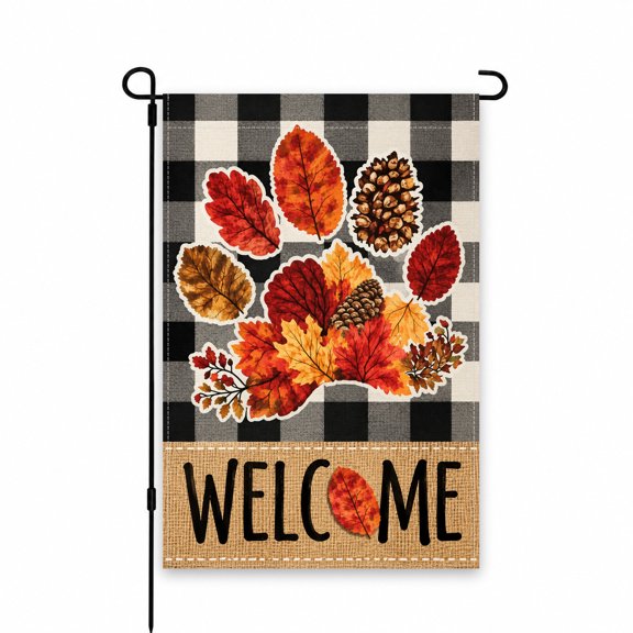Welcome Garden Flag 12 x 18 Inch – Fall Leaves and Pinecones Design with Buffalo Plaid and Burlap Pattern, Outdoor Yard, Patio, or Porch Decor