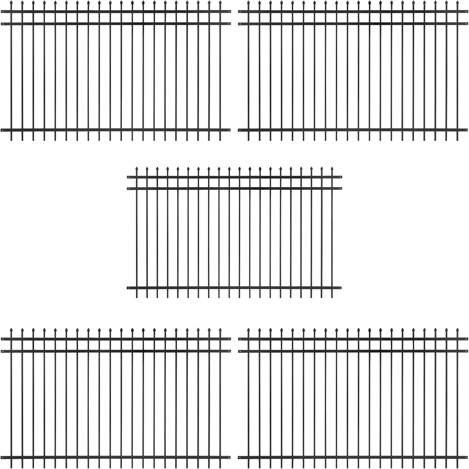 Fencer Wire Pack of 5 Heavy Duty Pinnacle Fence Barrier Panel, 5FT Height X 8FT Width Anti-Rust Metal Fencing Panel, 2” Diameter Steel Outdoor Decorative Garden Fence Panel for Yard, Pool, Patio