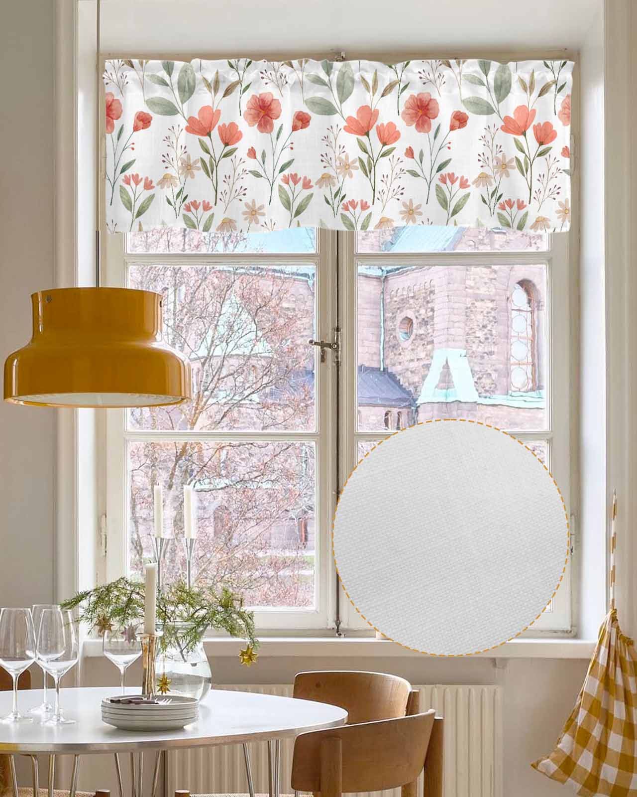 Botanical Flower Linen Curtain Valance for Bedroom/Bathroom/Kitchen/Office/Living/Dining Room Windows,Watercolor Floral Leaves Rod Pocket Topper Drapes Decorative Cafe Drapery Panel 54x18