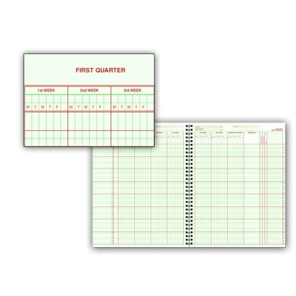 Hammond & Stephens 0632 H Class Record Book - Hard Red Cover, 8-1/2 X 11 Inches, 40 Students, 8 Subjects, 6/7 Week, Green/Red