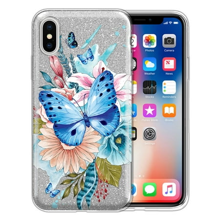 FINCIBO Silver Gradient Glitter Case, Sparkle Bling TPU Cover for Apple iPhone X, Watercolor Blue Butterfly