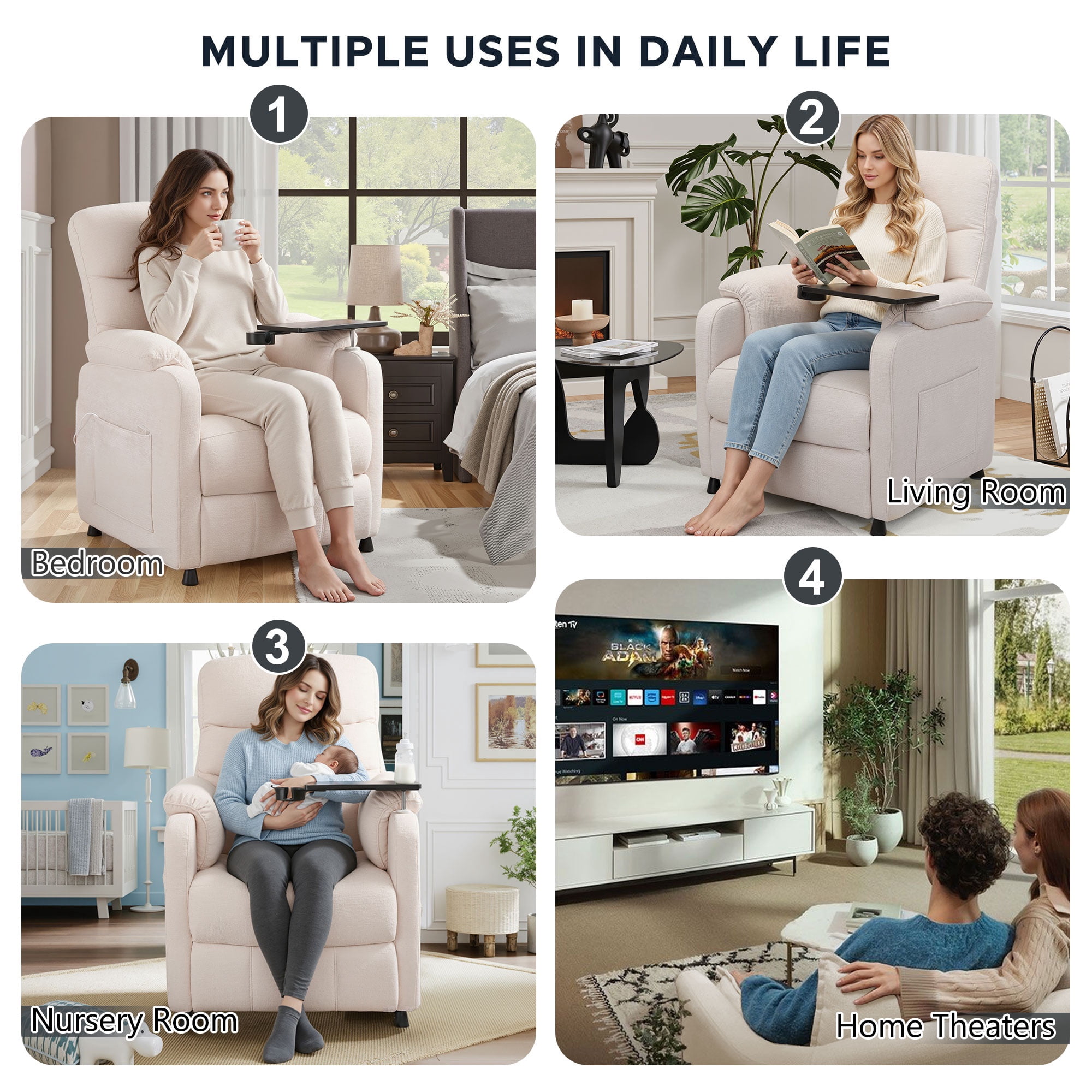 Holaki Power Recliner Chair, Modern Chenille Recliner Chair Swivel Table Top & Built in Cup, Adjustable Home Theater Seating with Lumbar Support, Small Nursery Recliner for Living Room, Beige