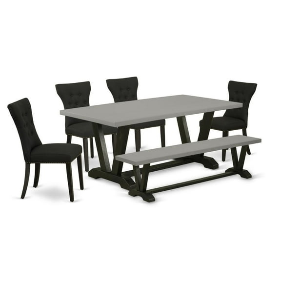 East West Furniture V-Style 6-piece Wood Dining Set with Linen Chairs in Black