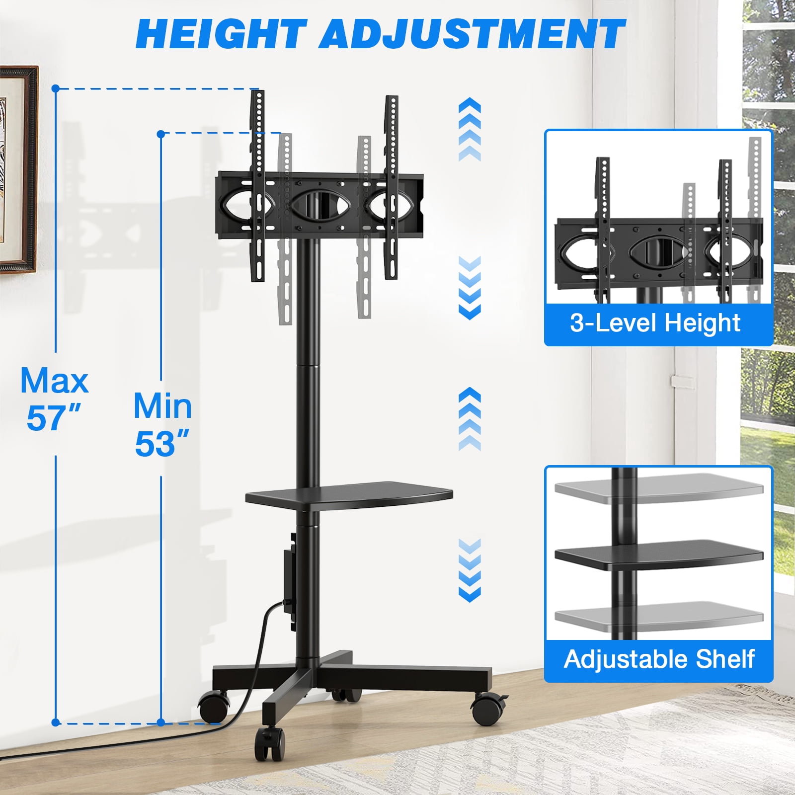 RTVR Rolling TV Cart Stand for 32 to 65 inch Flat Panel Screens with Power Outlet, Mobile TV Stand Modern Black