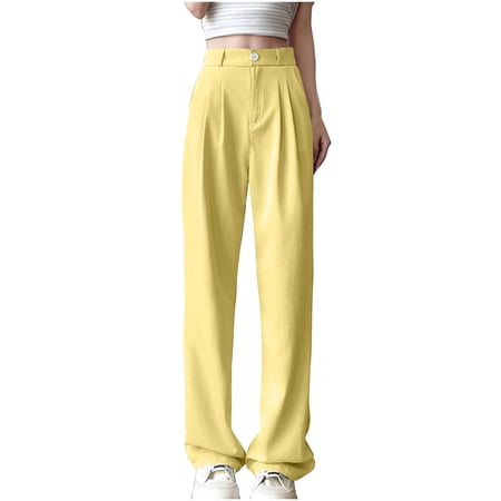 Women s Pants - Womens High Waisted Wide Leg Pants Pleated Tailored Trousers with Pockets Business Casual Dress Pants Yellow L