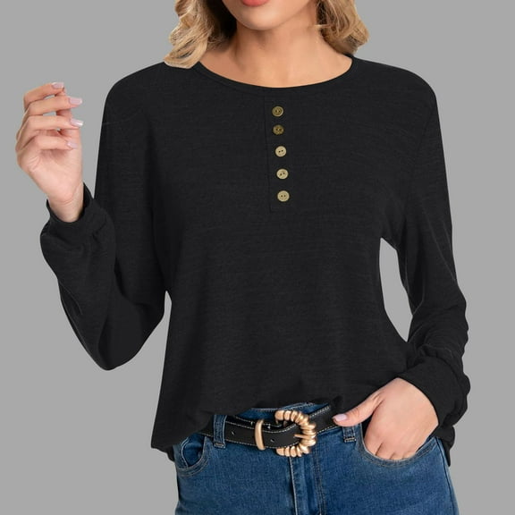 Women's Long Sleeve Shirts Women's Long Sleeve Pullover Solid Color Round Neck Fixed Buckle Fashion Casual Base Shirt, S-2XL