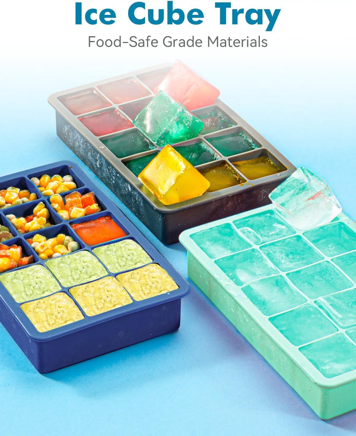 2-Pack Silicone Ice Cube Trays – 1.25" Square, 30 Cubes (15 per Tray), Easy-Release – BPA-Free – For Freezer/Cocktail/Whiskey – 5 Colors